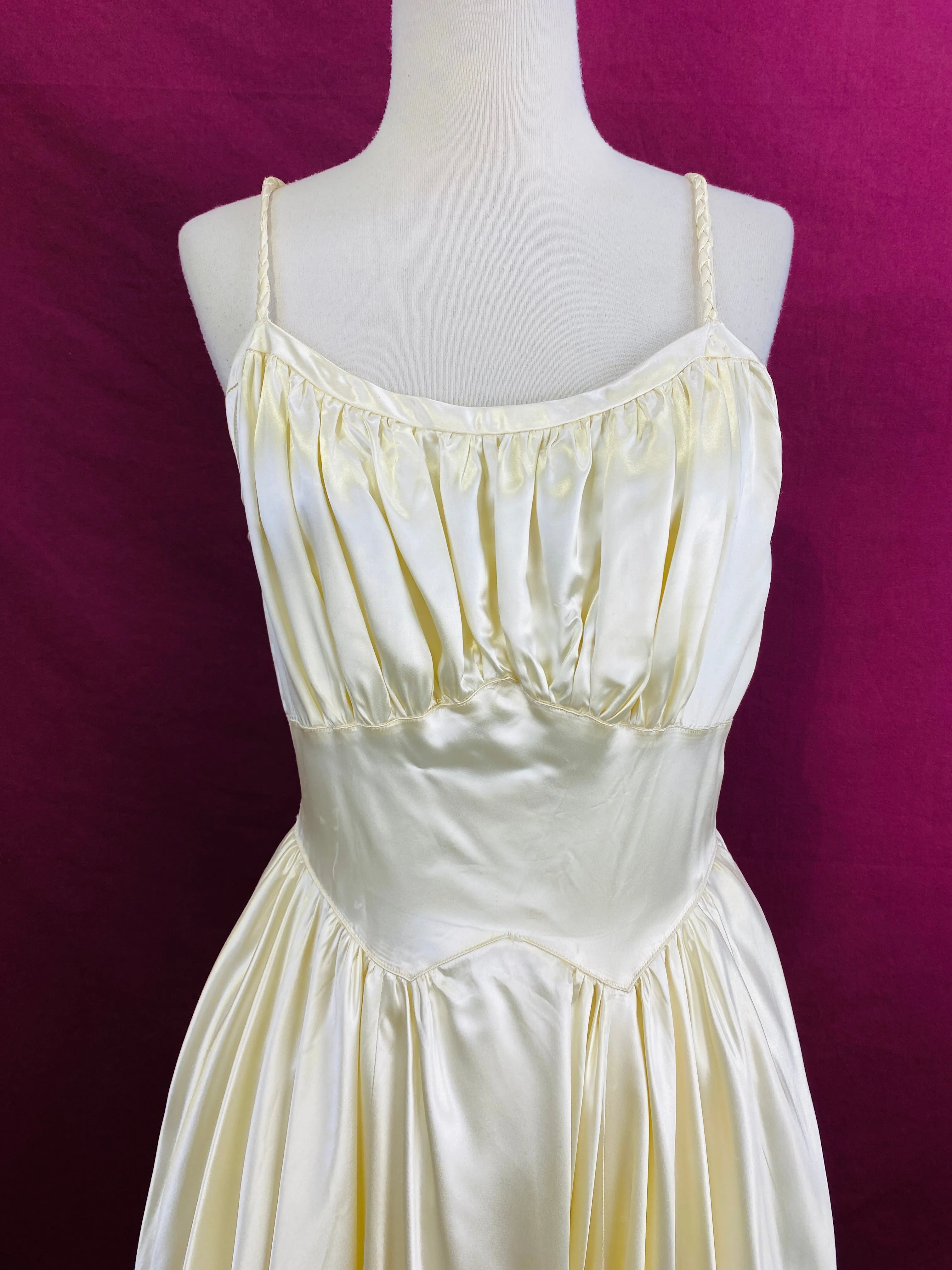 Vintage 1940s Liquid Satin Ivory Wedding Dress with Braided Straps, S-M