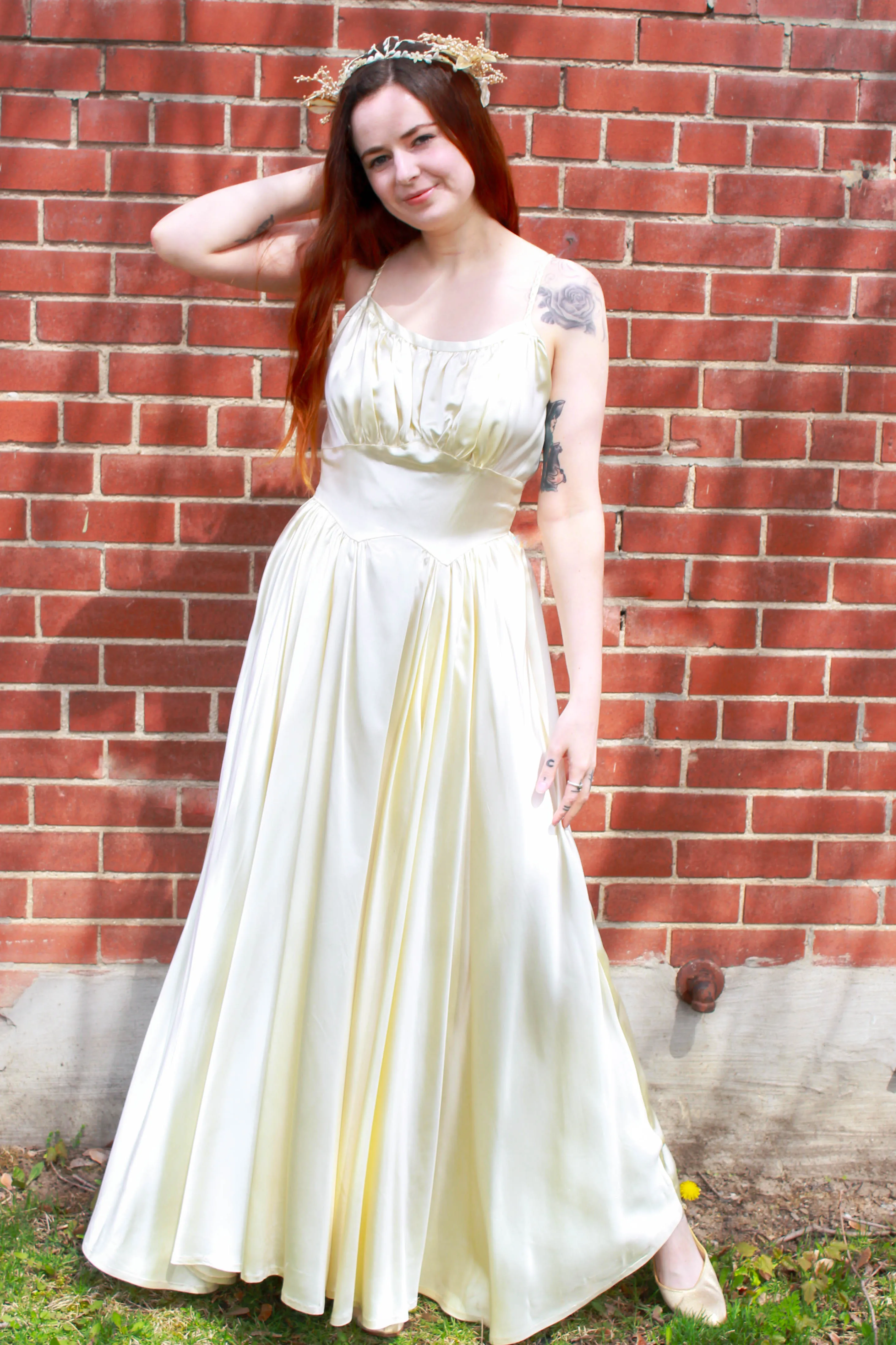 Vintage 1940s Liquid Satin Ivory Wedding Dress with Braided Straps, S-M
