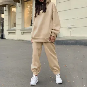Voguable Women's Tracksuit Casual Fleece Two Piece Sets Oversized Hooded Long Sleeve Female Hoodie Suit Winter Sportwear Ladies Set