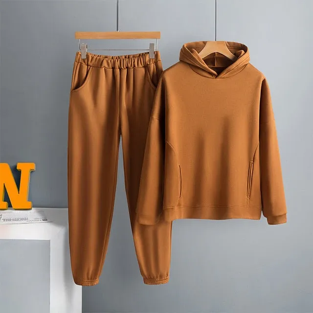 Voguable Women's Tracksuit Casual Fleece Two Piece Sets Oversized Hooded Long Sleeve Female Hoodie Suit Winter Sportwear Ladies Set