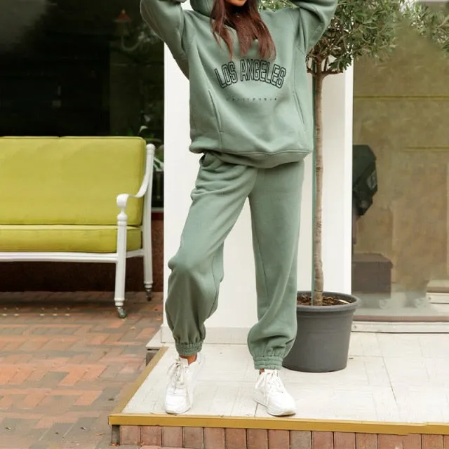 Voguable Women's Tracksuit Casual Fleece Two Piece Sets Oversized Hooded Long Sleeve Female Hoodie Suit Winter Sportwear Ladies Set