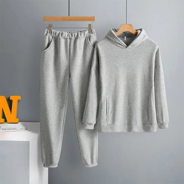 Voguable Women's Tracksuit Casual Fleece Two Piece Sets Oversized Hooded Long Sleeve Female Hoodie Suit Winter Sportwear Ladies Set