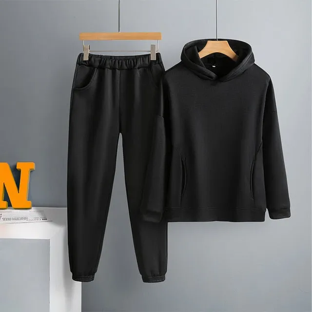 Voguable Women's Tracksuit Casual Fleece Two Piece Sets Oversized Hooded Long Sleeve Female Hoodie Suit Winter Sportwear Ladies Set