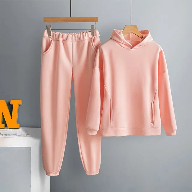Voguable Women's Tracksuit Casual Fleece Two Piece Sets Oversized Hooded Long Sleeve Female Hoodie Suit Winter Sportwear Ladies Set