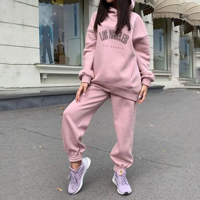 Voguable Women's Tracksuit Casual Fleece Two Piece Sets Oversized Hooded Long Sleeve Female Hoodie Suit Winter Sportwear Ladies Set