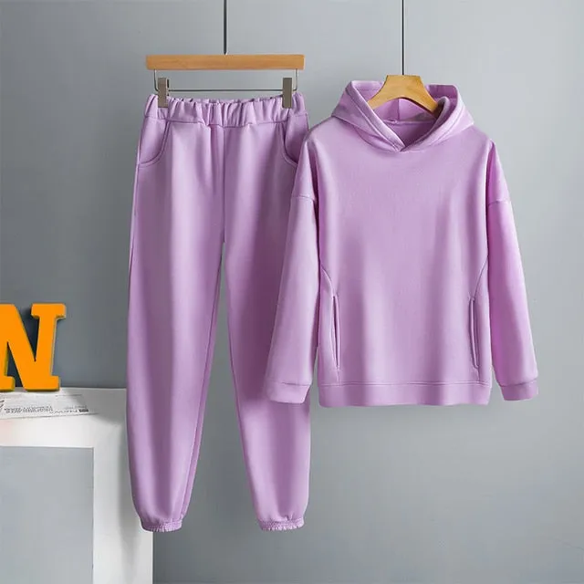 Voguable Women's Tracksuit Casual Fleece Two Piece Sets Oversized Hooded Long Sleeve Female Hoodie Suit Winter Sportwear Ladies Set