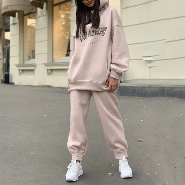 Voguable Women's Tracksuit Casual Fleece Two Piece Sets Oversized Hooded Long Sleeve Female Hoodie Suit Winter Sportwear Ladies Set