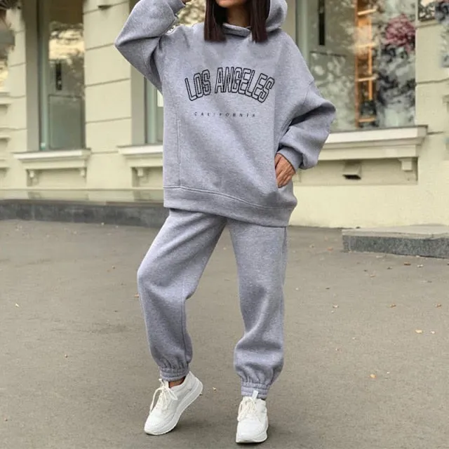 Voguable Women's Tracksuit Casual Fleece Two Piece Sets Oversized Hooded Long Sleeve Female Hoodie Suit Winter Sportwear Ladies Set
