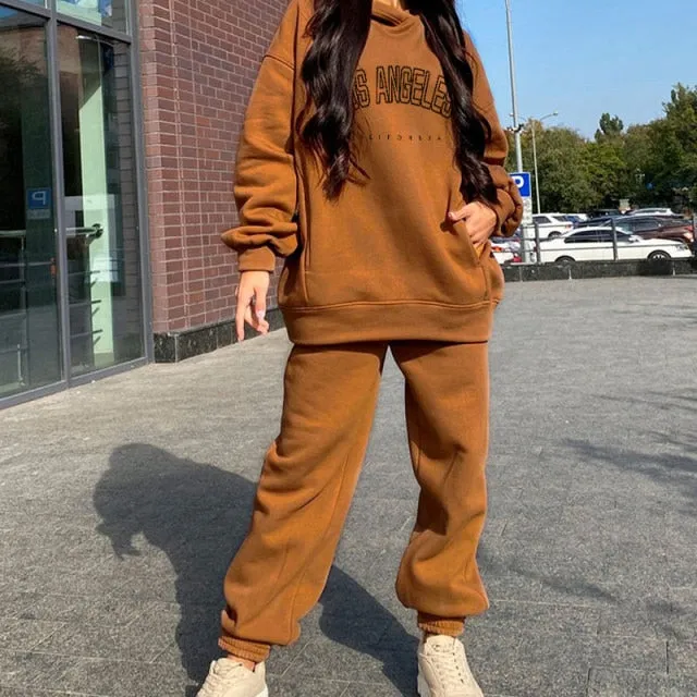 Voguable Women's Tracksuit Casual Fleece Two Piece Sets Oversized Hooded Long Sleeve Female Hoodie Suit Winter Sportwear Ladies Set