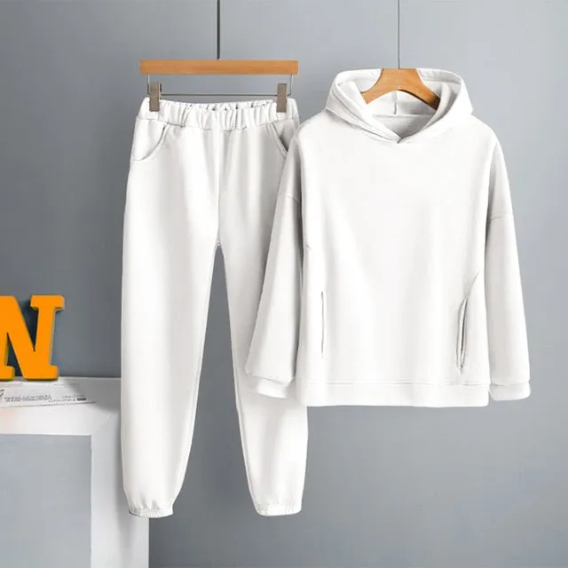 Voguable Women's Tracksuit Casual Fleece Two Piece Sets Oversized Hooded Long Sleeve Female Hoodie Suit Winter Sportwear Ladies Set