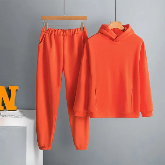 Voguable Women's Tracksuit Casual Fleece Two Piece Sets Oversized Hooded Long Sleeve Female Hoodie Suit Winter Sportwear Ladies Set