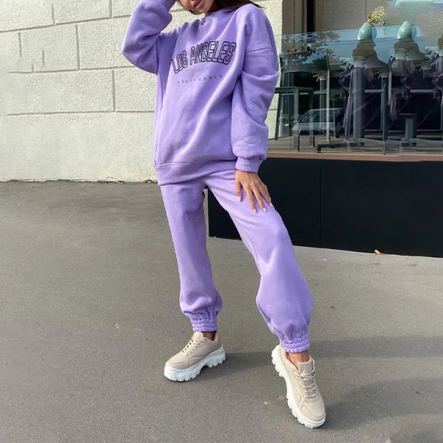 Voguable Women's Tracksuit Casual Fleece Two Piece Sets Oversized Hooded Long Sleeve Female Hoodie Suit Winter Sportwear Ladies Set