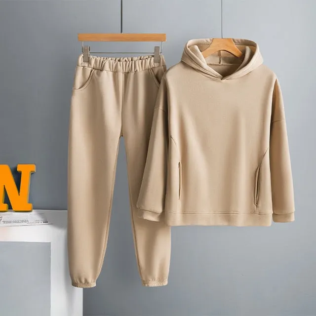 Voguable Women's Tracksuit Casual Fleece Two Piece Sets Oversized Hooded Long Sleeve Female Hoodie Suit Winter Sportwear Ladies Set