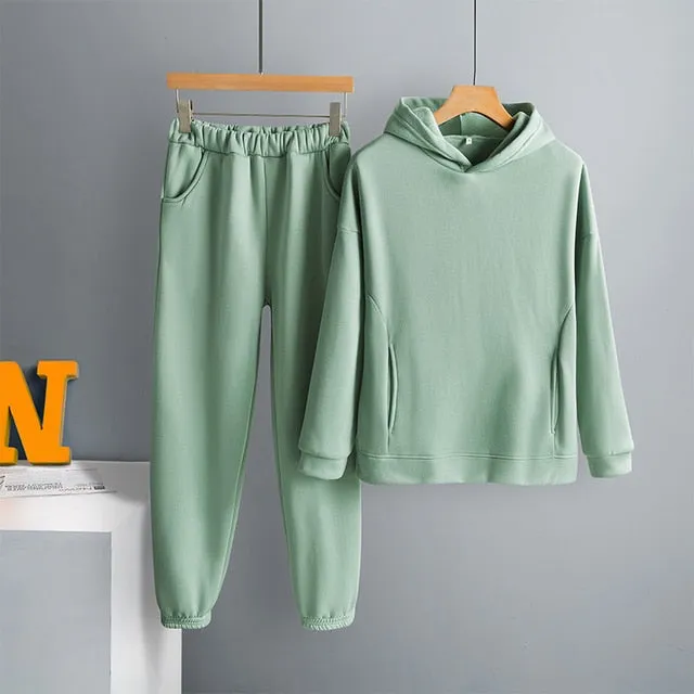 Voguable Women's Tracksuit Casual Fleece Two Piece Sets Oversized Hooded Long Sleeve Female Hoodie Suit Winter Sportwear Ladies Set