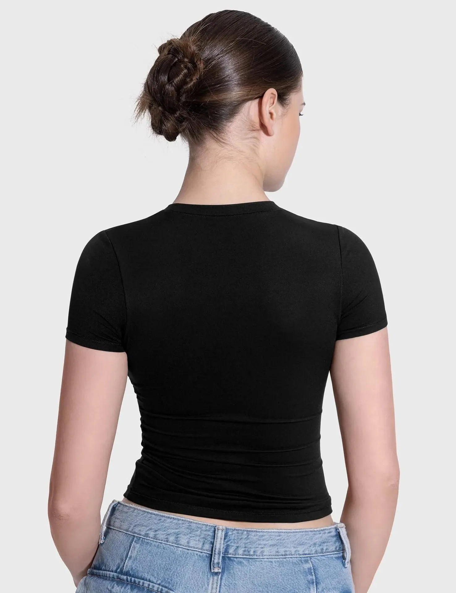 Women's Crew Neck Short Sleeve Tops Double Lined Slim Fit T Shirts Basic Tee Smoke Cloud Pro Collection