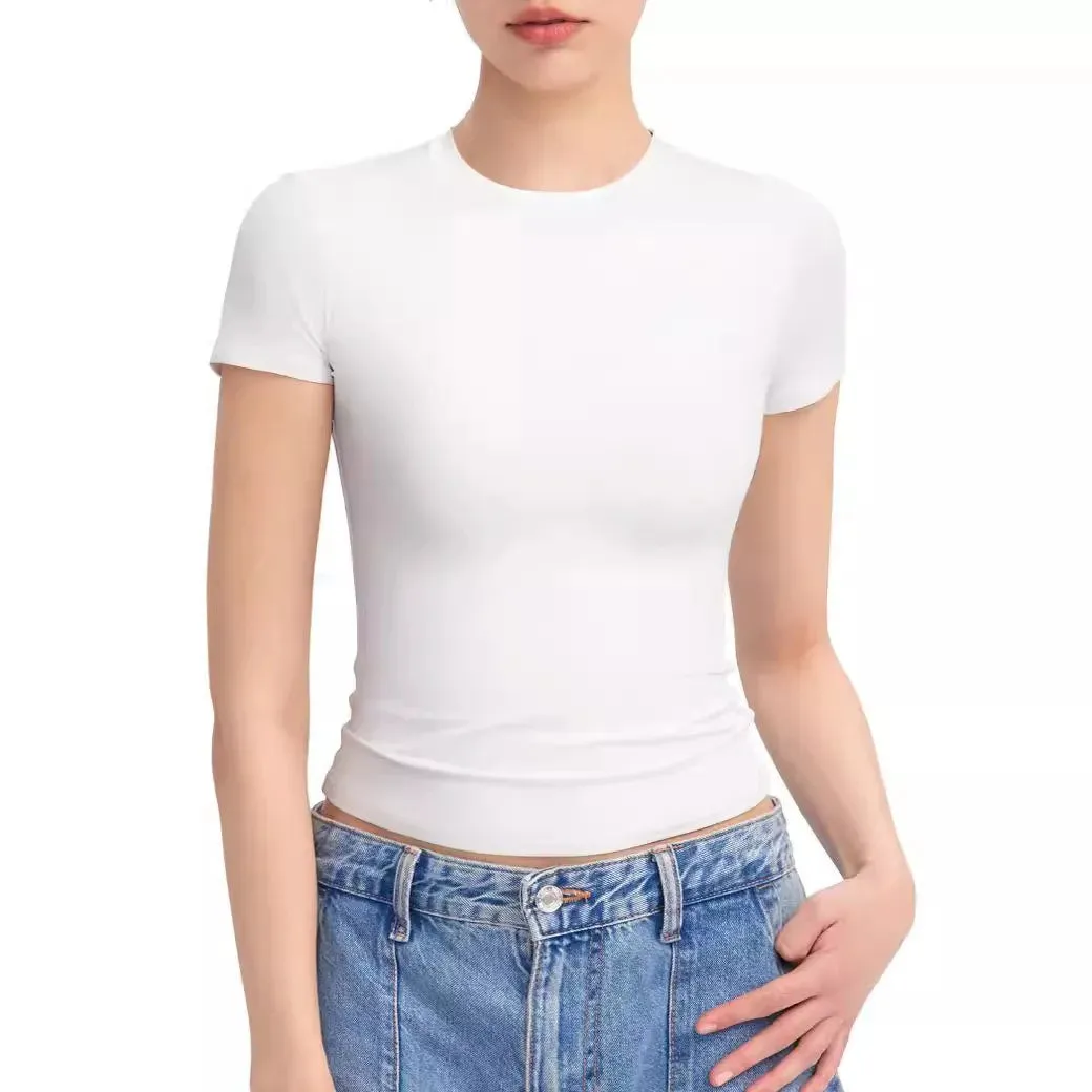 Women's Crew Neck Short Sleeve Tops Double Lined Slim Fit T Shirts Basic Tee Smoke Cloud Pro Collection