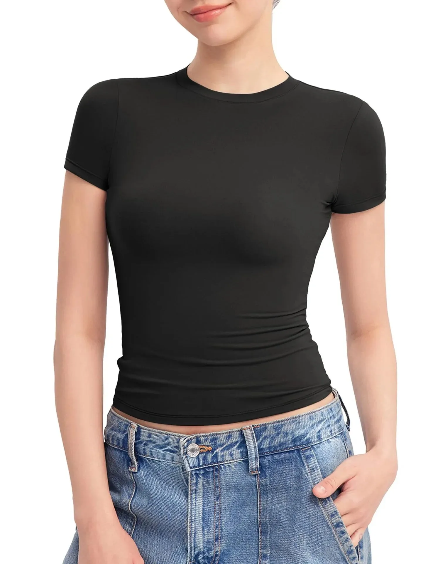 Women's Crew Neck Short Sleeve Tops Double Lined Slim Fit T Shirts Basic Tee Smoke Cloud Pro Collection