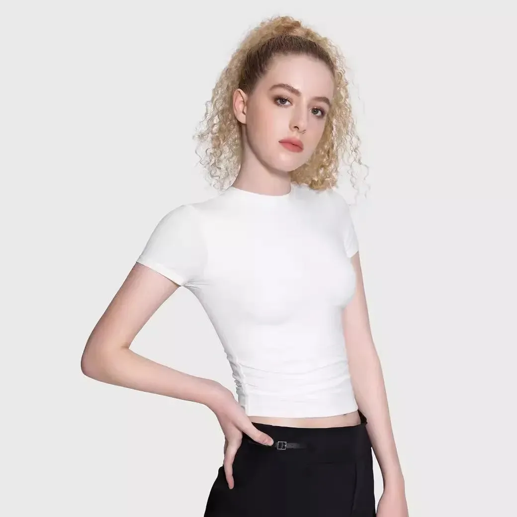 Women's Crew Neck Short Sleeve Tops Double Lined Slim Fit T Shirts Basic Tee Smoke Cloud Pro Collection