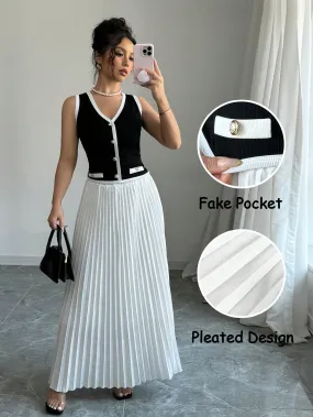 Women's Elegant 2 Piece Set: Color Block Single-Breasted Vest And Pleated Mini Skirt