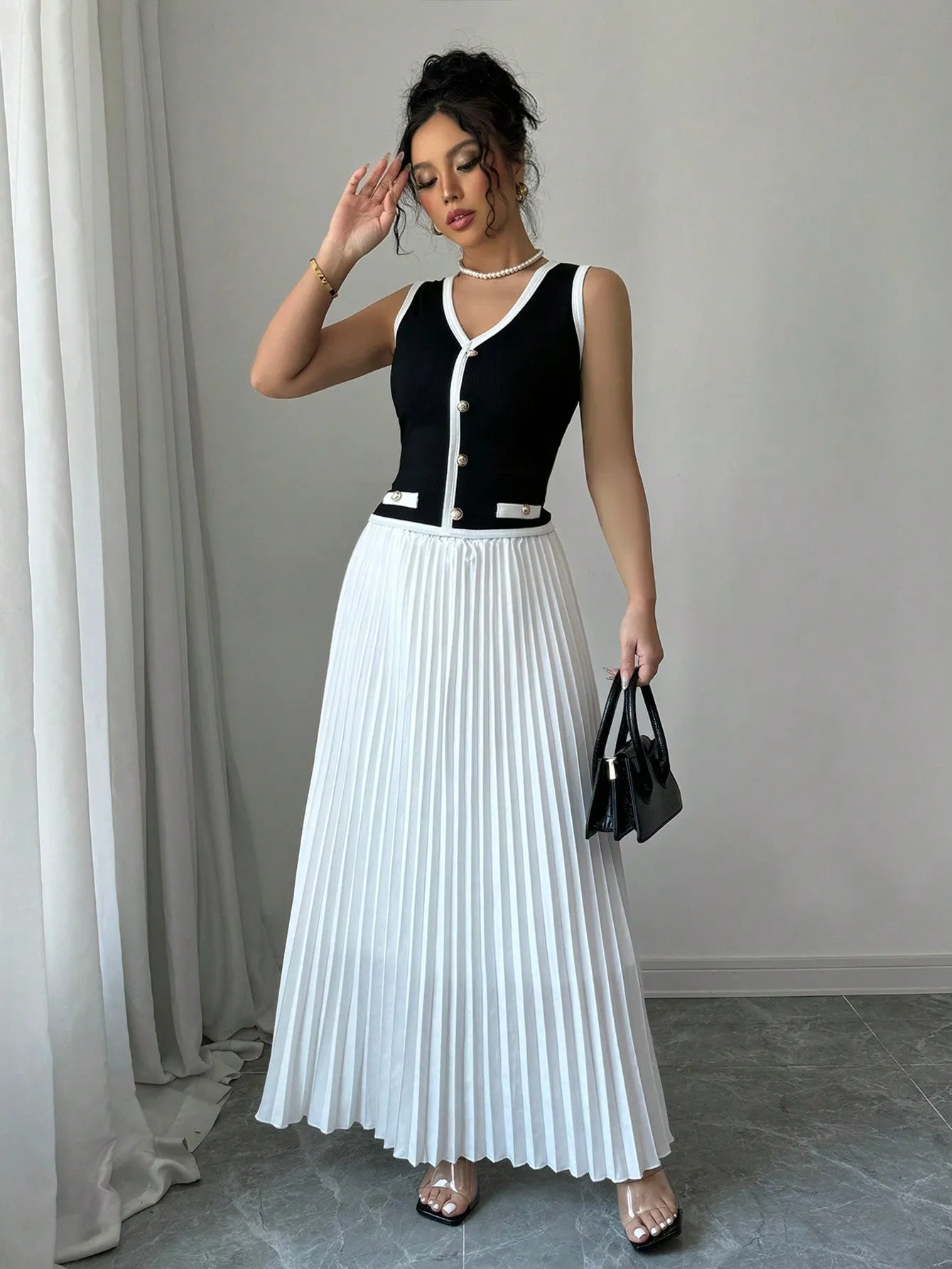 Women's Elegant 2 Piece Set: Color Block Single-Breasted Vest And Pleated Mini Skirt