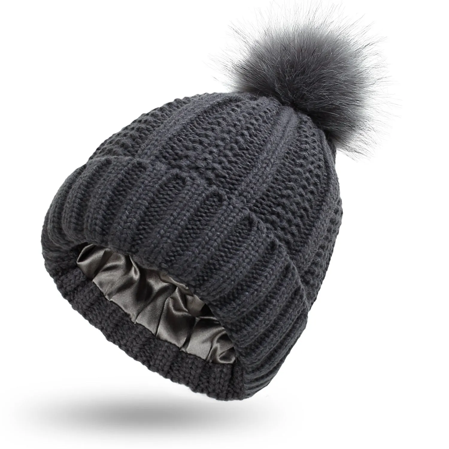 Women's Winter Knitted Beanie Hat Satin Lined with Faux Fur Pom | 1700