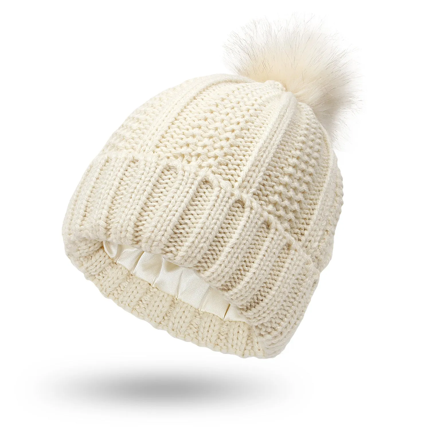 Women's Winter Knitted Beanie Hat Satin Lined with Faux Fur Pom | 1700
