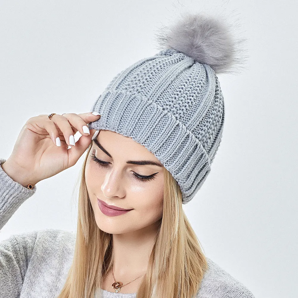 Women's Winter Knitted Beanie Hat Satin Lined with Faux Fur Pom | 1700