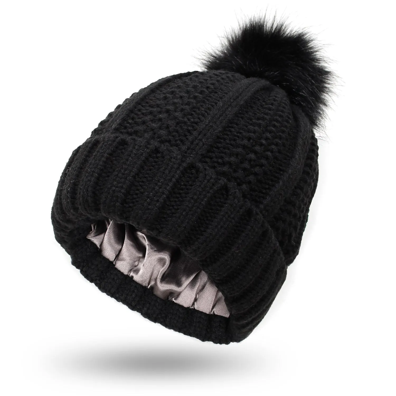 Women's Winter Knitted Beanie Hat Satin Lined with Faux Fur Pom | 1700