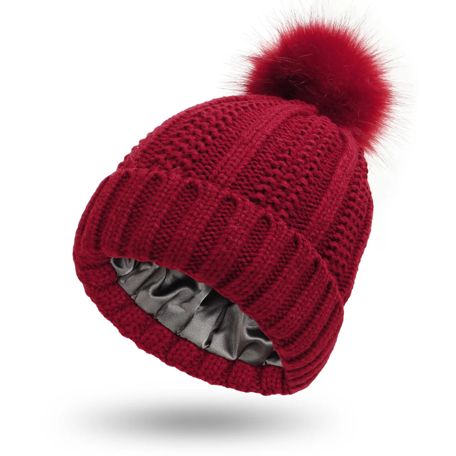 Women's Winter Knitted Beanie Hat Satin Lined with Faux Fur Pom | 1700