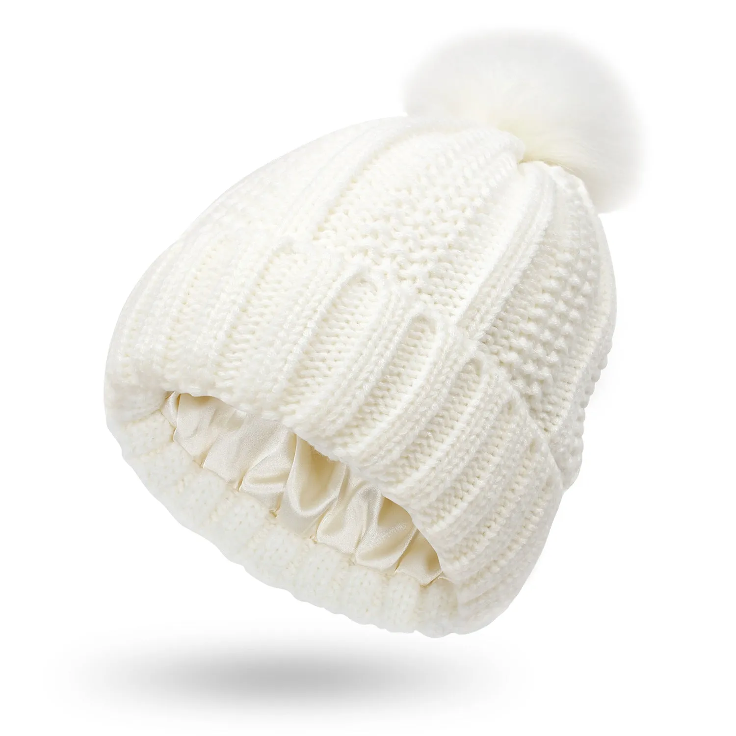 Women's Winter Knitted Beanie Hat Satin Lined with Faux Fur Pom | 1700